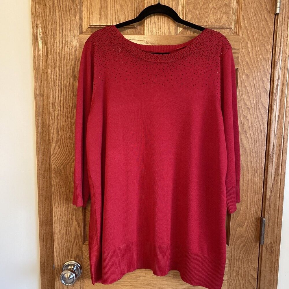 Cable & Gauge Woman Red Sweater, 3/4 sleeves Round Neck Size 2X Black Sequins